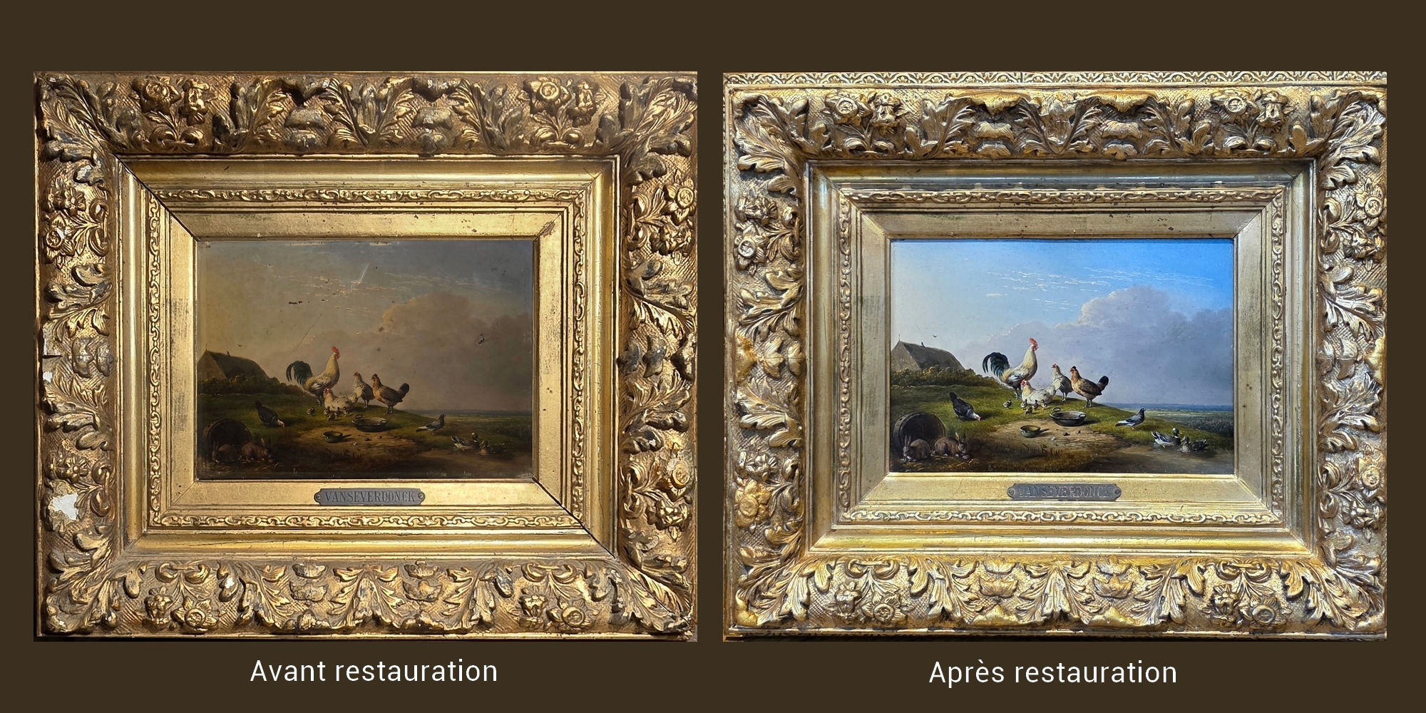 restauration tableau scène de ferme avec poules